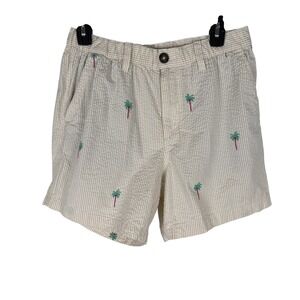 Chubbies Seersucker Palm Tree Embroidered Shorts Mens M 5.5 Inseam Tan White
